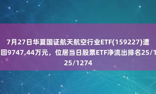 7月27日华夏国证航天航空行业ETF(159227)遭净赎回9747.44万元，位居当日股票ETF净流出排名25/1274